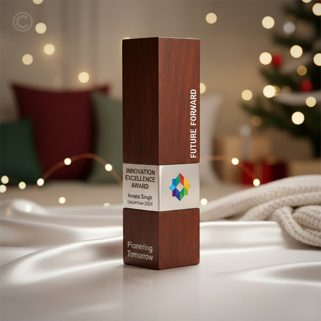 Wooden employee recognition award with custom engraving by Creators Trophies Kerala